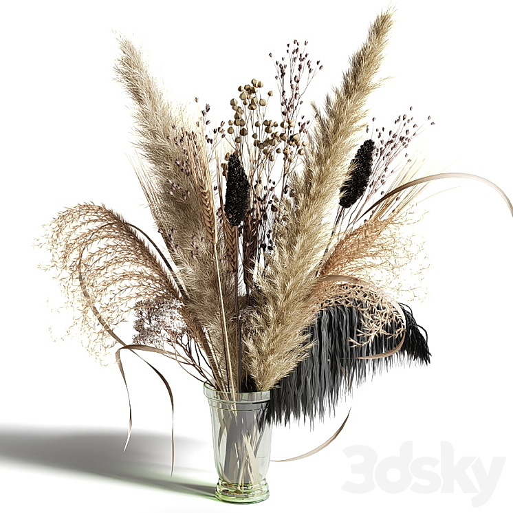 Bouquet of dried flowers with a black feather in a glass vase 3DS Max - thumbnail 2