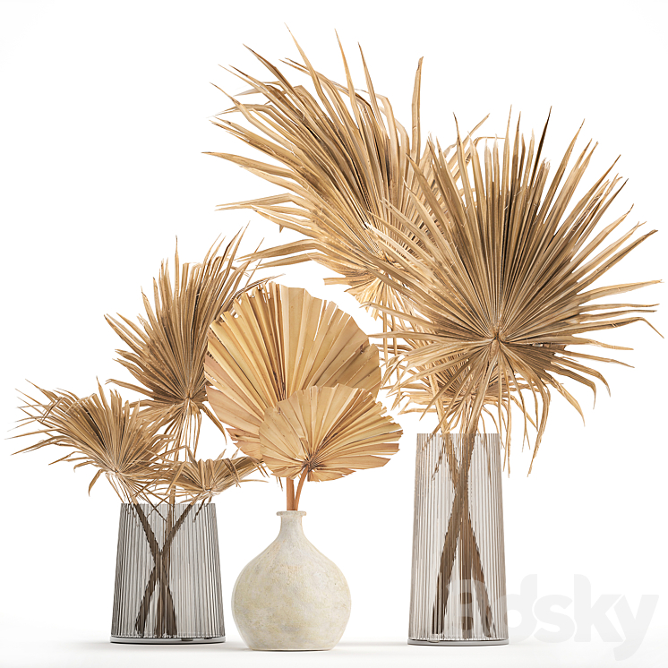 A beautiful bouquet of dried flowers in a glass vase with branches a dry palm leaf a branch. Set 133. 3DS Max - thumbnail 1
