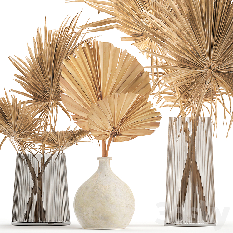 A beautiful bouquet of dried flowers in a glass vase with branches a dry palm leaf a branch. Set 133. 3DS Max - thumbnail 2