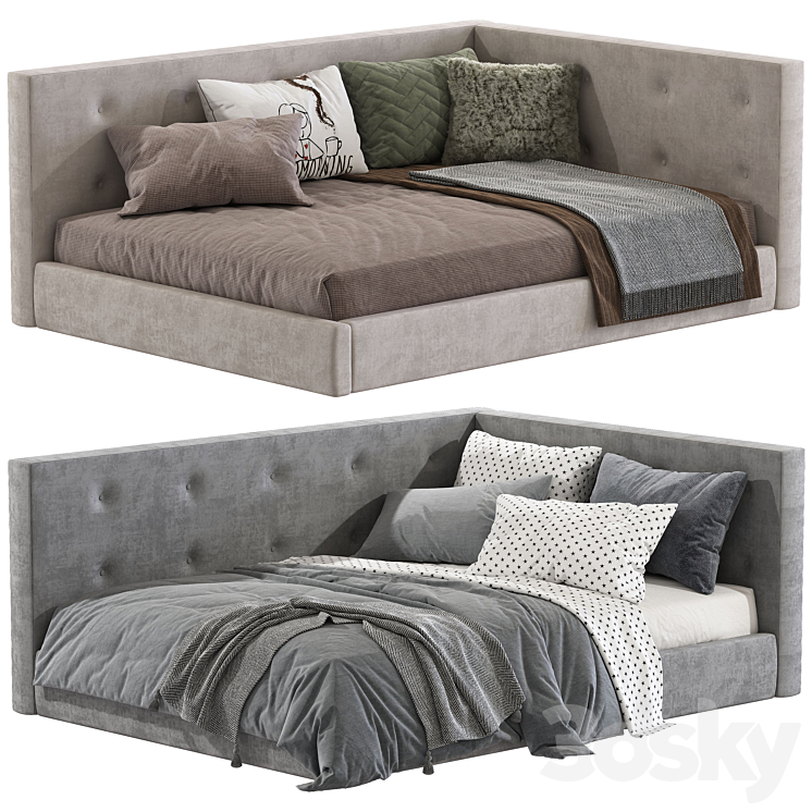 Cushy Upholstered Platform Corner Bed 3DS Max Model - thumbnail 1