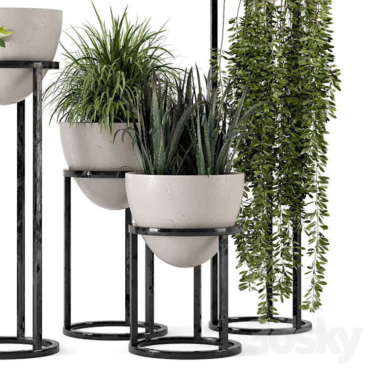 Indoor Plants in rusty Concrete Pot on Metal Shelf - Set 231 3D Model