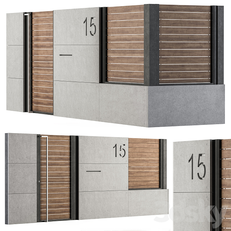 Concrete and Wood Fence Set 02 3D Model