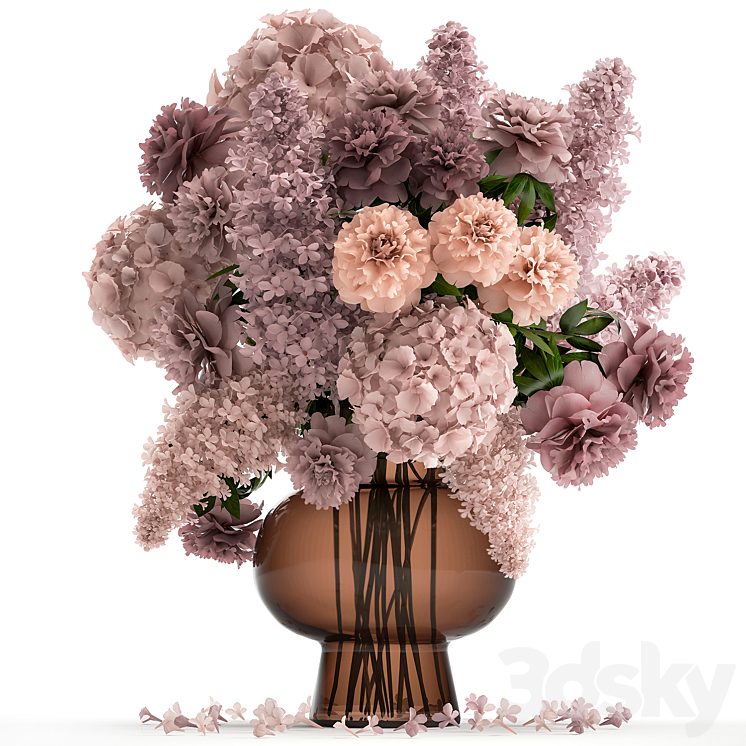A lush bouquet of spring flowers in a glass vase with hydrangeas lilacs peonies. 144.