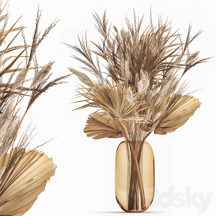 A beautiful bouquet of dried flowers in a glass vase with dry weinik branches and a dry palm leaf branch . 150. 3DS Max Model - thumbnail 1