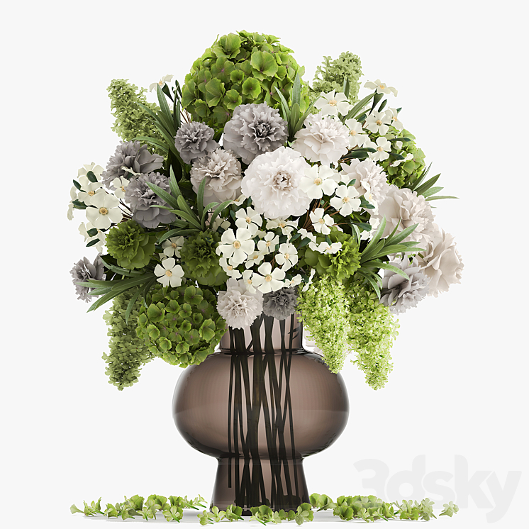 A wonderful bouquet of green spring flowers in a glass vase with hydrangeas lilacs peonies. 151. 3DS Max - thumbnail 1