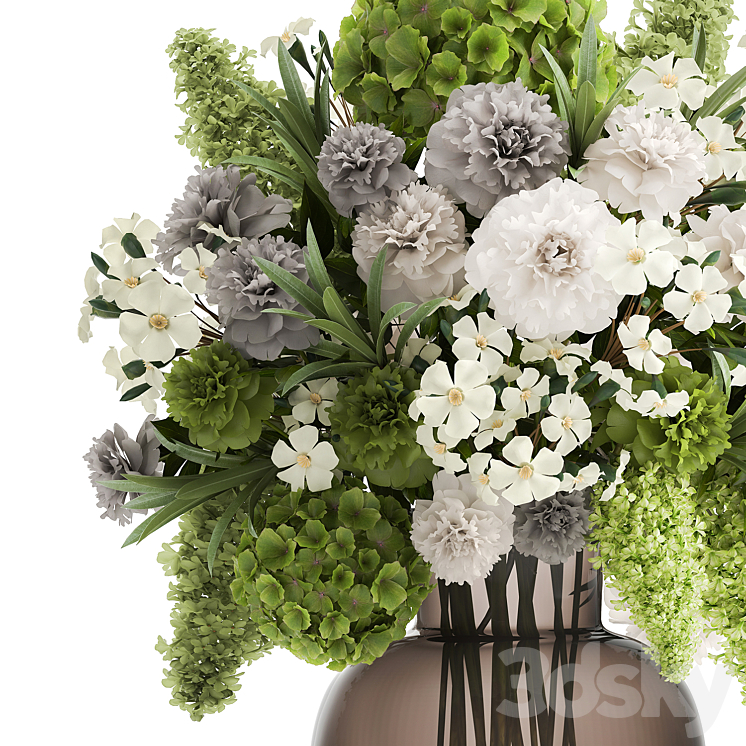 A wonderful bouquet of green spring flowers in a glass vase with hydrangeas lilacs peonies. 151. 3DS Max - thumbnail 2
