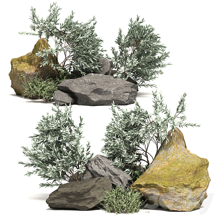 Stone + Bush Pack 3 3D Model