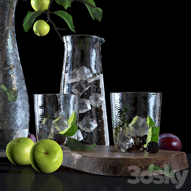 Water with lime and apple tree branch 3D Model