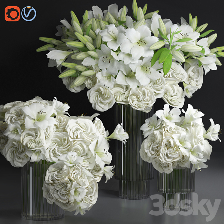 White Lily Tuberose Peony Camelia Bouquet Decorative Glass Vases Set 3DS Max Model - thumbnail 1