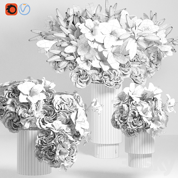White Lily Tuberose Peony Camelia Bouquet Decorative Glass Vases Set 3DS Max Model - thumbnail 2