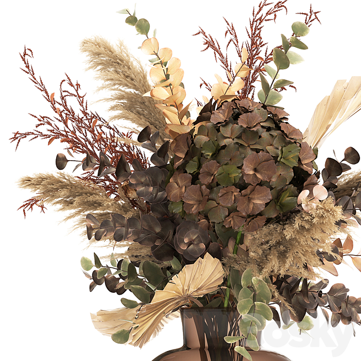 Bouquet of dried flowers in a glass vase with dry branches of palm leaves pampas and Hydrangea. 161. 3D Model