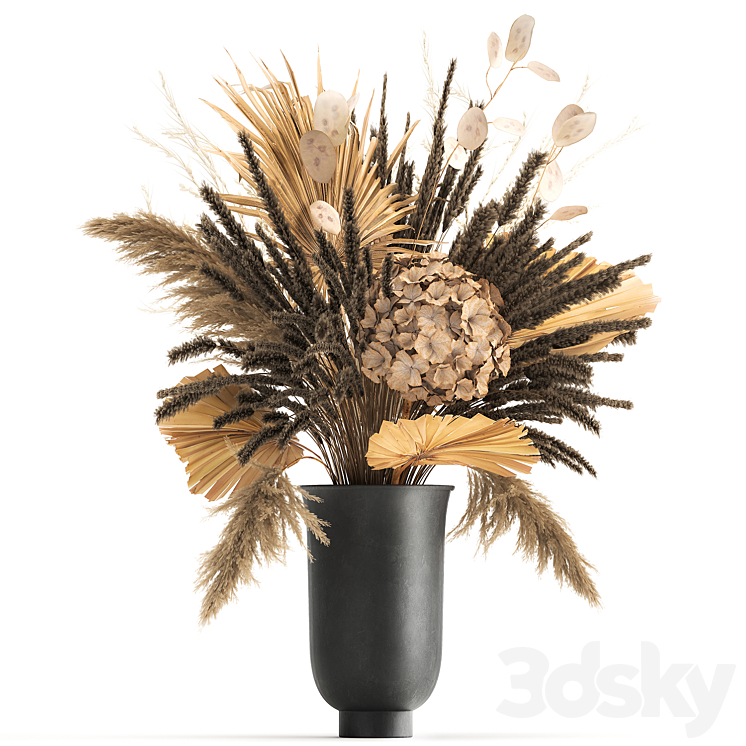 Bouquet of dried flowers in a black vase with dry branches of palm leaves pampas and Hydrangea. 168. 3DS Max Model - thumbnail 1