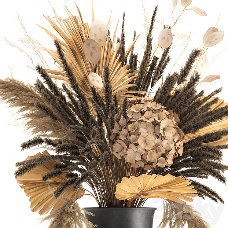 Bouquet of dried flowers in a black vase with dry branches of palm leaves pampas and Hydrangea. 168. 3DS Max Model - thumbnail 2