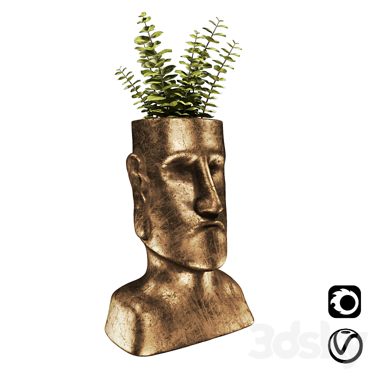 Easter Island bronze sculpture with plant 3DS Max - thumbnail 1