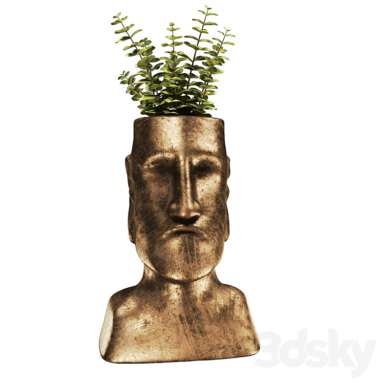 Easter Island bronze sculpture with plant 3DS Max - thumbnail 2