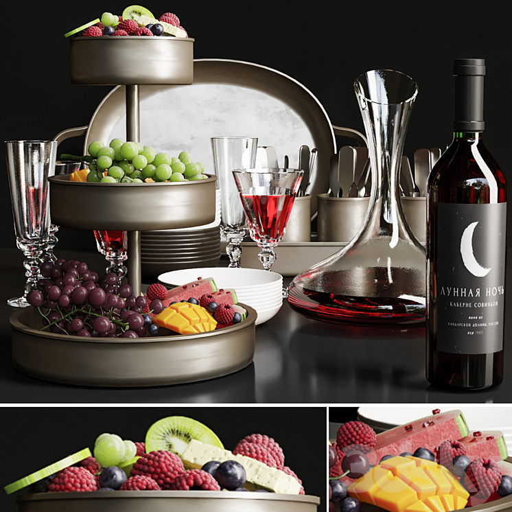 Wine with fruits. Red wine grapes 3DS Max - thumbnail 1