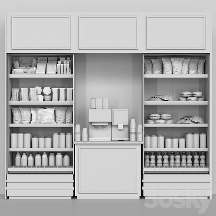 Shelf in a supermarket with dry breakfasts sweets and a coffee machine. Supermarket 3D Model