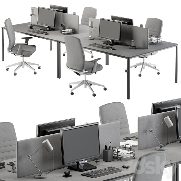 employee Desk Gray Set – Office Furniture 237 3DS Max - thumbnail 2