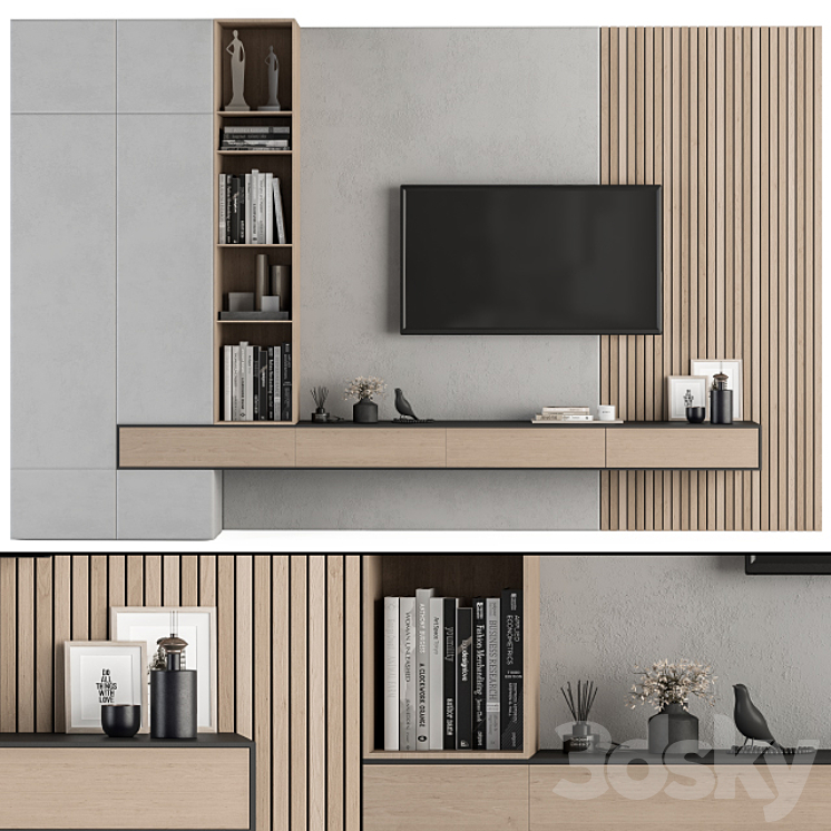 TV Wall Wood and Concrete – Set 26 3DS Max - thumbnail 1
