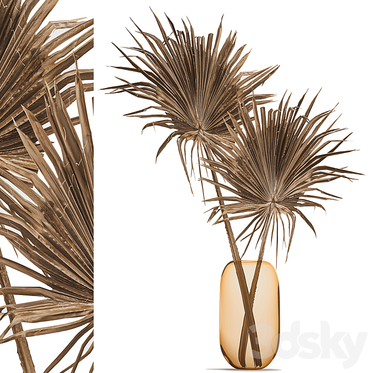 Bouquet of dried flowers in a vase with branches of dry palm leaves. 187. 3DS Max - thumbnail 1