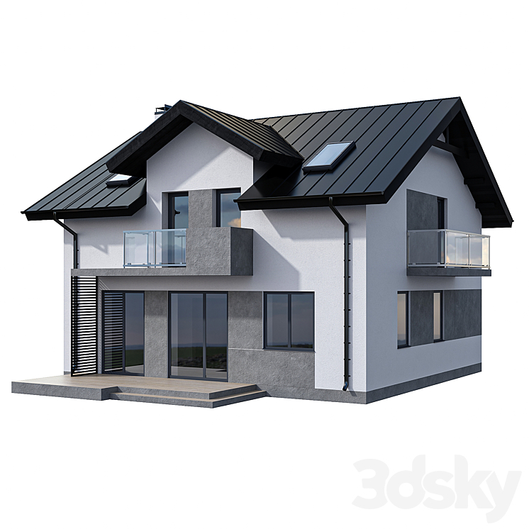 Modern two-storey cottage with two balconies and dormers 3DS Max - thumbnail 1