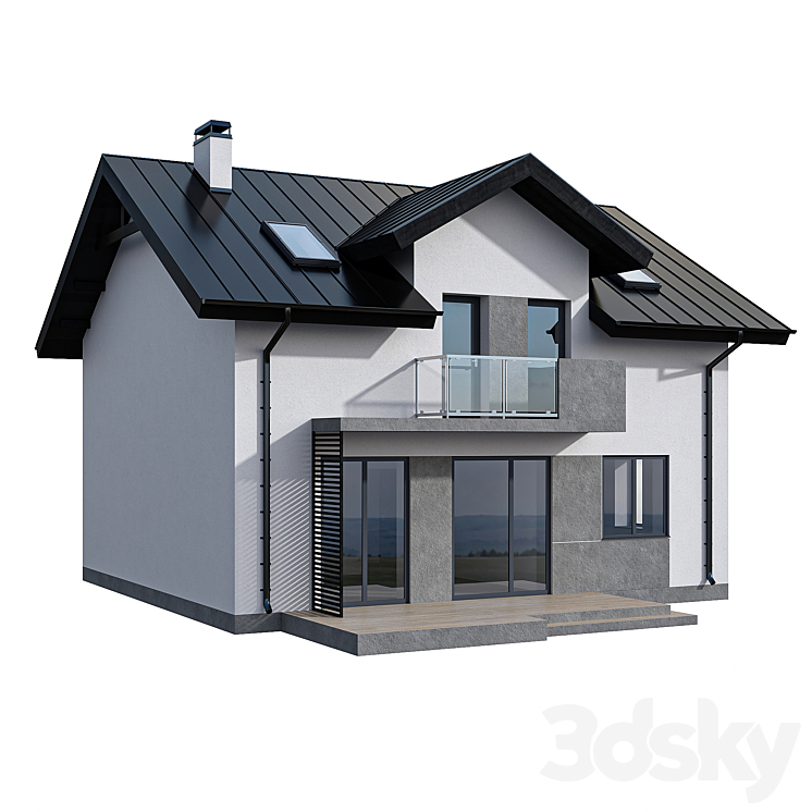 Modern two-storey cottage with two balconies and dormers 3DS Max - thumbnail 2