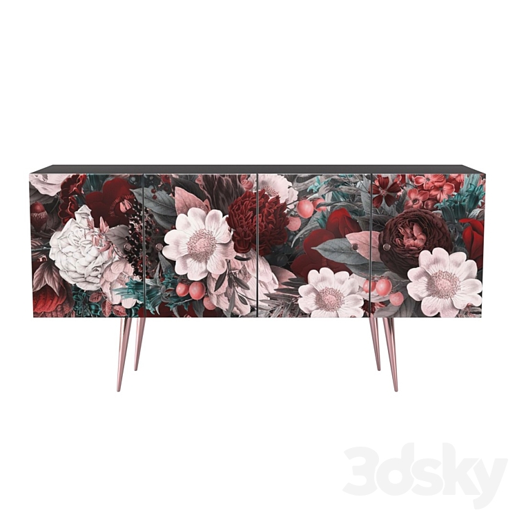 Midcentury Floral Black wood Rose Gold Sideboard Credenza 3DS Max - thumbnail 1