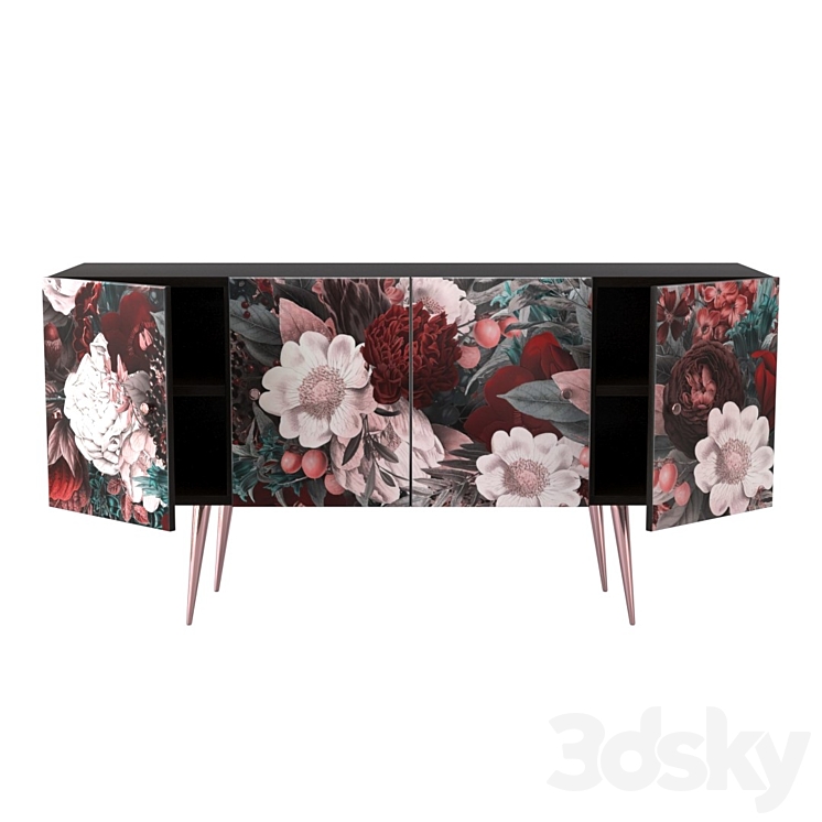 Midcentury Floral Black wood Rose Gold Sideboard Credenza 3DS Max - thumbnail 2