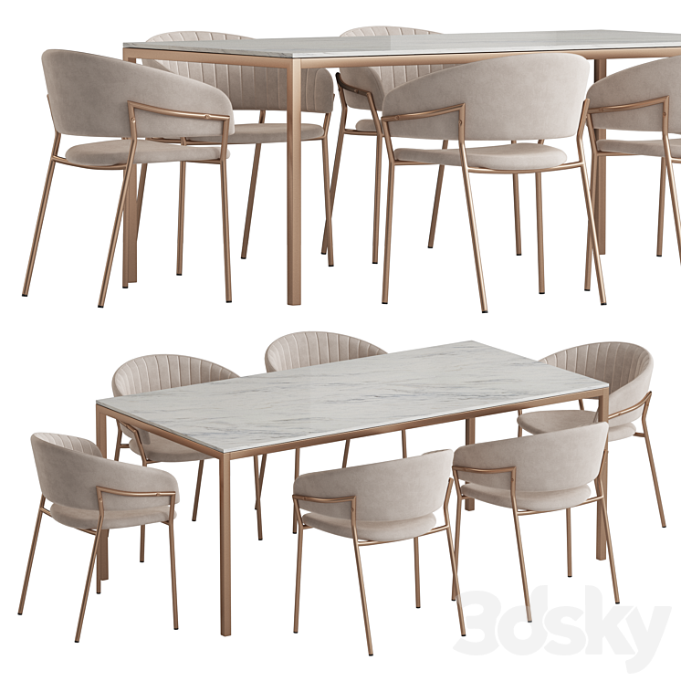 West Elm Frame table Piza chair dining set 3DS Max - thumbnail 1