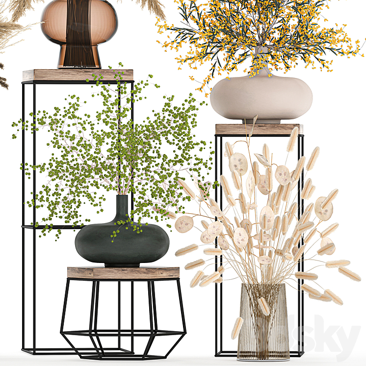 A set of bouquets of dried flowers in vases for decoration on shelves branches pampas grass. 216. 3DS Max Model - thumbnail 2