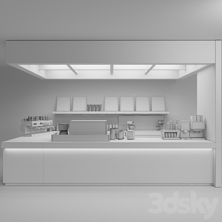 Design project of a coffee shop with a showcase with desserts and sweets and a coffee machine. Cafe 3D Model Free