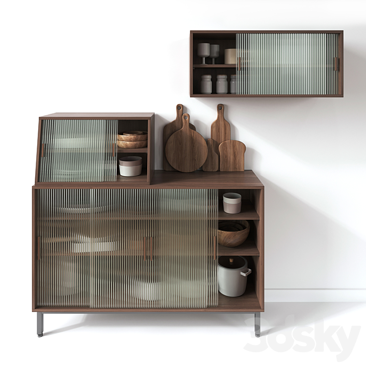 Wooden Glass Cabinets with Kitchen accessories 3DS Max Model - thumbnail 1
