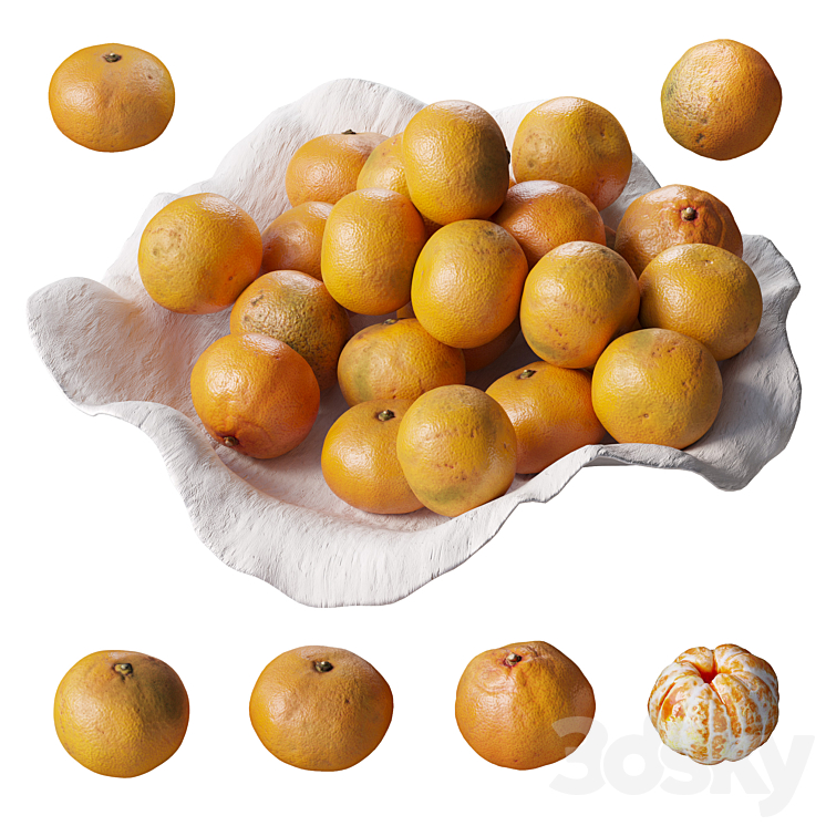 Tangerines in a clay bowl 3D Model