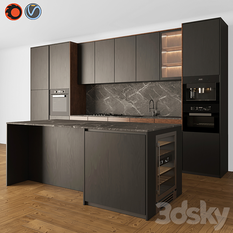 Kitchen Modern 05 Black & Wood 3DS Max Model - thumbnail 1