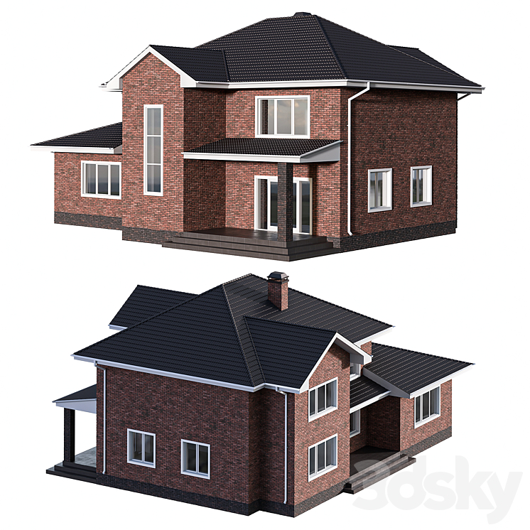 Two-storey brick house with a pitched roof 3DS Max - thumbnail 1
