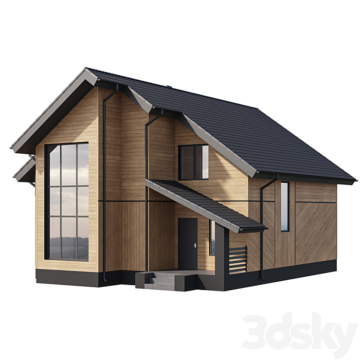 Two-storey wooden house with a complex pitched roof 3D Model