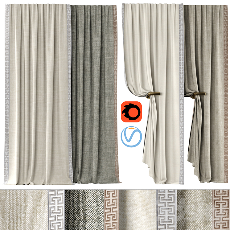 Curtains 136 | Kvadrat – Artic | SAMUEL & SONS – ATHINA EMBROIDERED BORDER 3DS Max Model - thumbnail 1