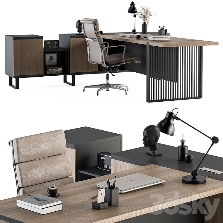 Manager Desk Wood and Black – Office Furniture 264 3DS Max - thumbnail 2