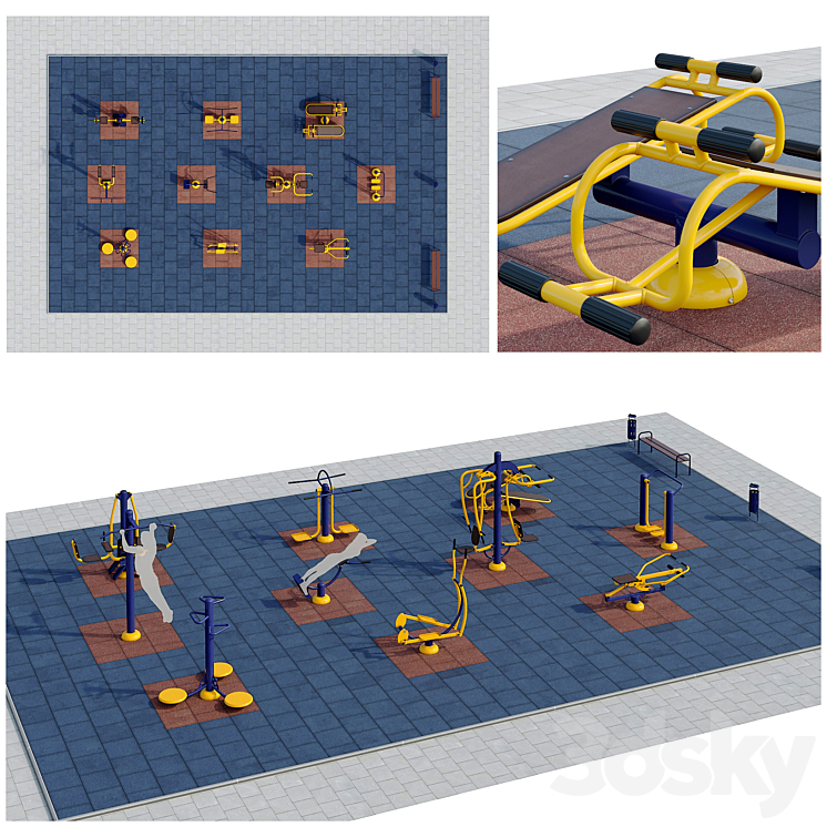 Sports ground with outdoor exercise trainers. Playground 3D Model