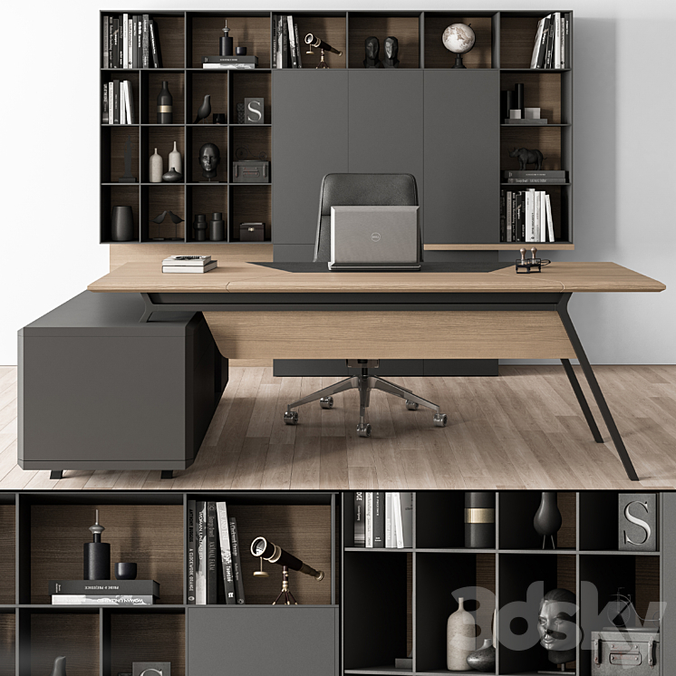Manager Desk and Library Wood and Black – Office Furniture 266 3DS Max - thumbnail 1