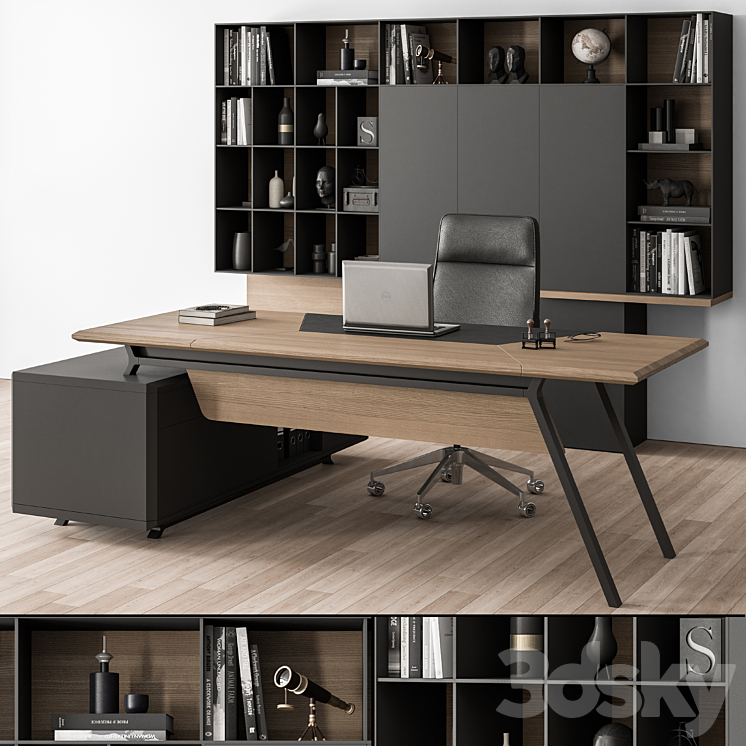Manager Desk and Library Wood and Black – Office Furniture 266 3DS Max - thumbnail 2