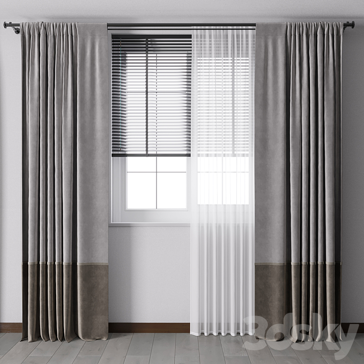 Curtain with metal curtain rod & metal blind 05 3DS Max Model - thumbnail 1
