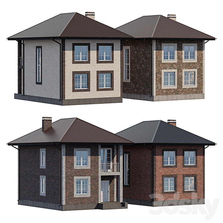 Two-storey brick house with a porch and a balcony – 4 colors 3DS Max - thumbnail 2