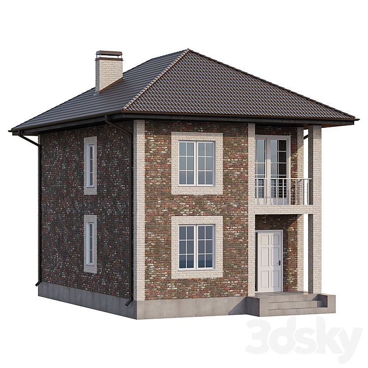 Two-storey brick house with a porch and a balcony – 4 colors 3DS Max - thumbnail 1