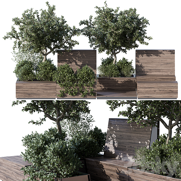 Parklet with bushes and trees – recreation area in the park and urban environment 3DS Max Model - thumbnail 1