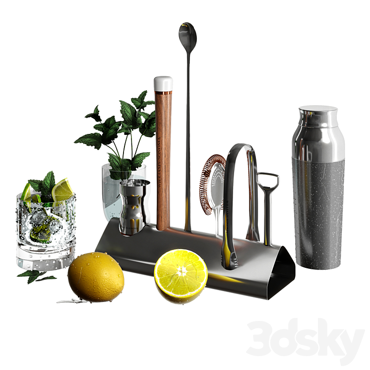 Williams Sonoma Signature Bar Tool Set with Stand & Cocktail Shaker 3D Model Free