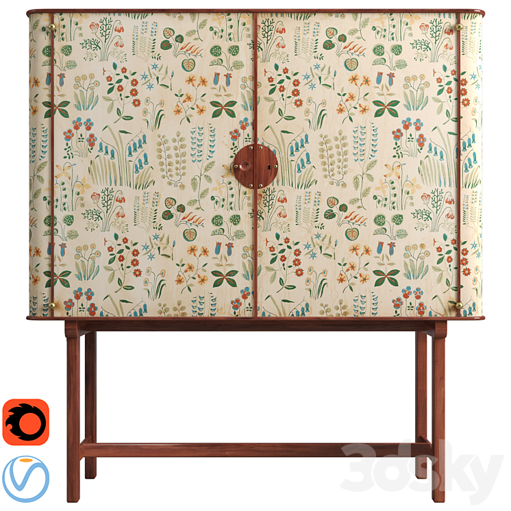 Josef Frank mahogany cabinet | floral chintz fabric 'Fatima' 3DS Max Model - thumbnail 1