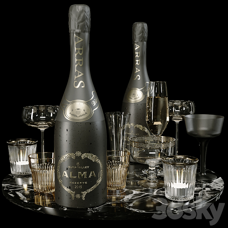 Collection of sparkling wine with crystal glasses and marble tray 3DS Max - thumbnail 2