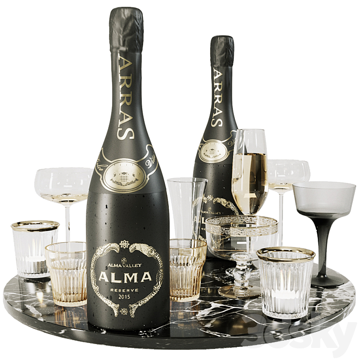 Collection of sparkling wine with crystal glasses and marble tray 3DS Max - thumbnail 1
