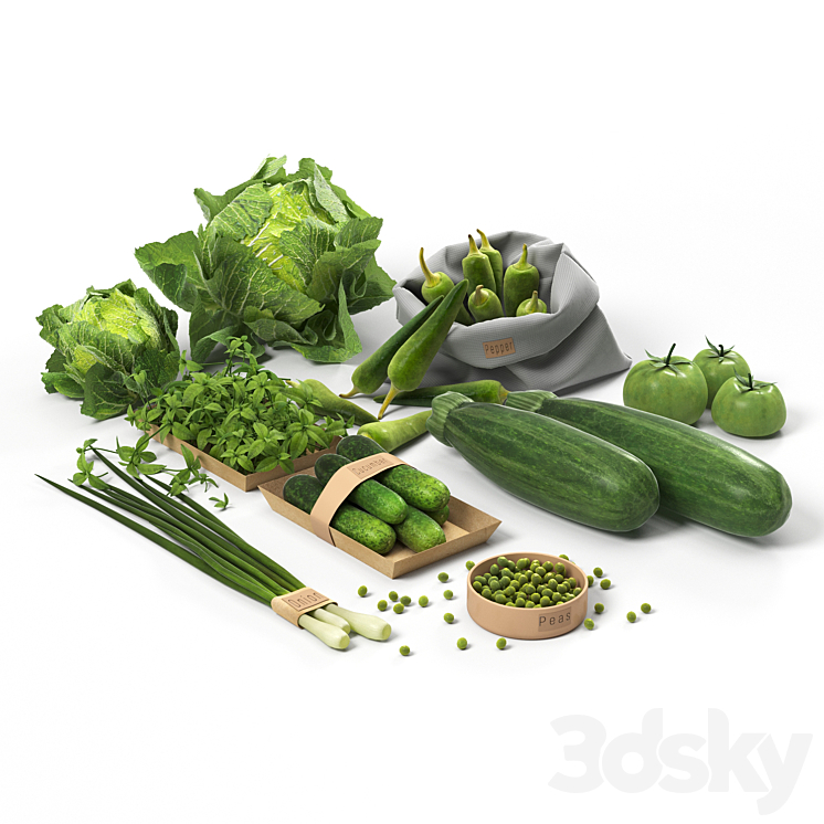 Set with green vegetables: cabbage cucumbers peppers zucchini onions tomatoes peas 3DS Max Model - thumbnail 2
